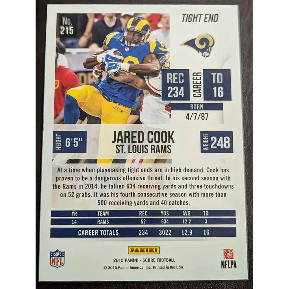 2015 Score #215 Jared Cook Los Angeles Rams First Down Parallel /10